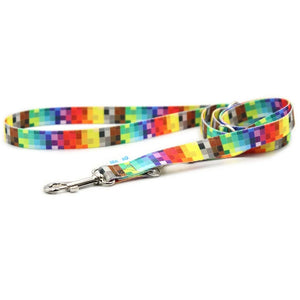 Colorful pixel-patterned dog leash with metal clasp, vibrant rainbow squares on fabric strap