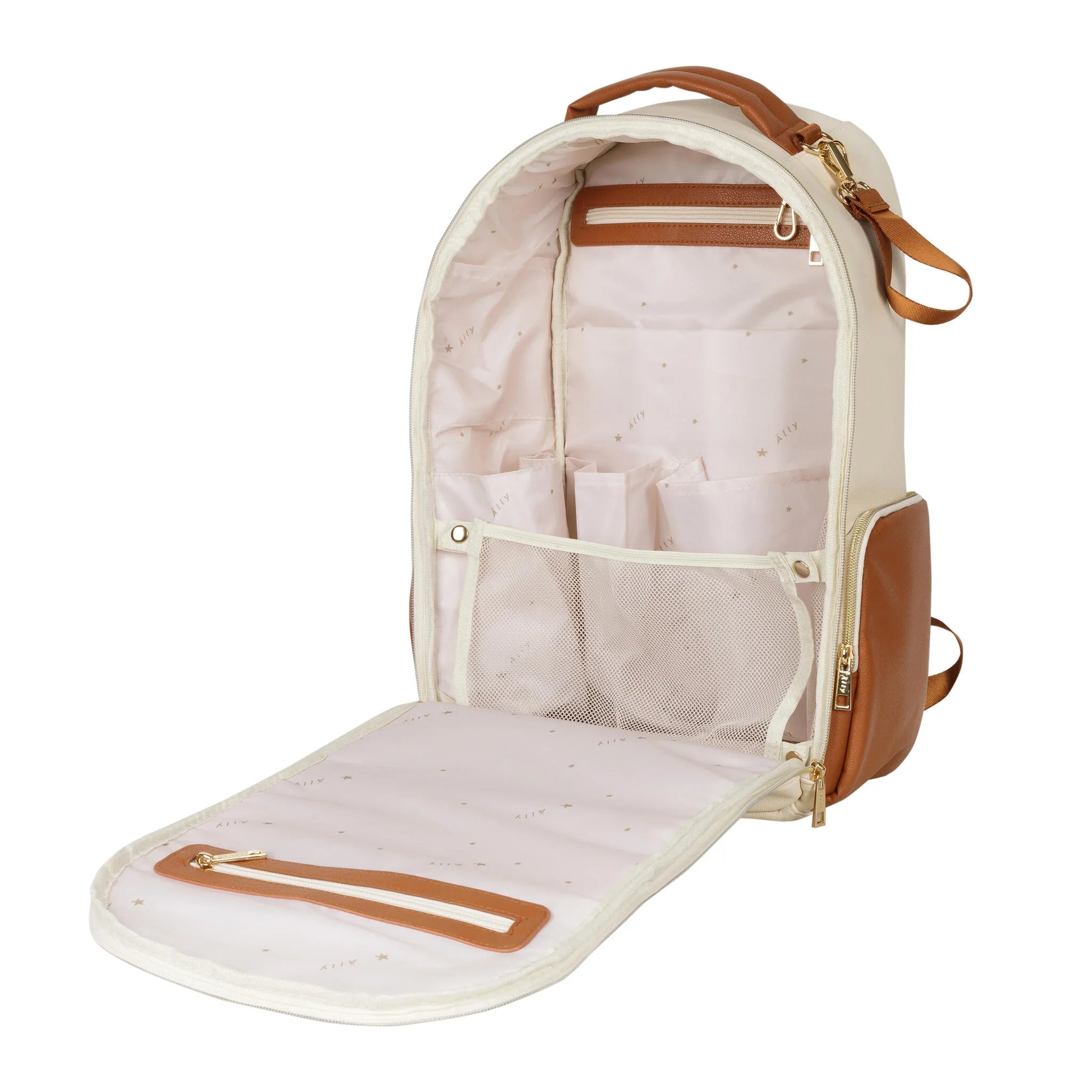 Interno vuoto dello zaino fasciatoio Ally Scandic (bianco e cappuccino), completamente aperto per rivelare le tasche organizzate e la tasca a rete.