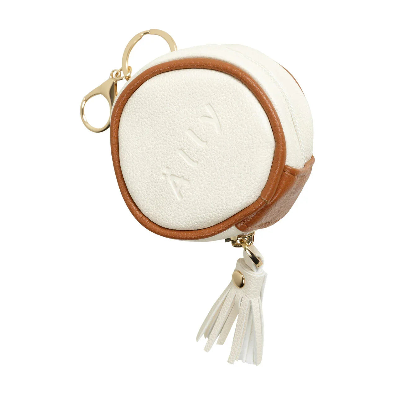 Étui à tétine en cuir blanc avec bordure marron, clip doré et pompon