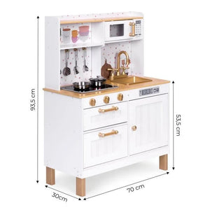 Guide des dimensions de la cuisine interactive en bois Angelove : hauteur 93,5 cm, largeur 70 cm, profondeur 30 cm, hauteur du plan de travail 53,5 cm.