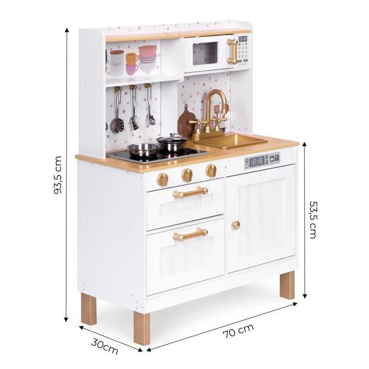 Guide des dimensions de la cuisine interactive en bois Angelove : hauteur 93,5 cm, largeur 70 cm, profondeur 30 cm, hauteur du plan de travail 53,5 cm.