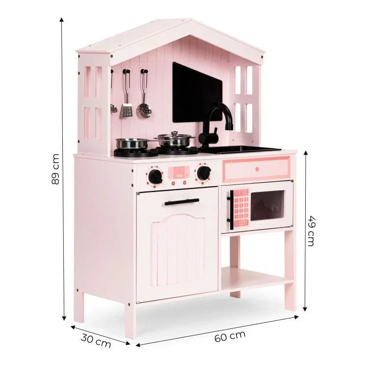 Rosa Spielküche aus Holz mit Utensilien, Backofen, Herd, Spüle und Mikrowelle, Maße 89x60x30 cm
