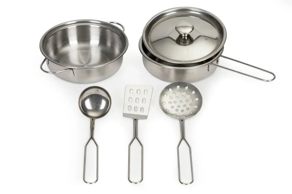 Kinder-Kochgeschirr-Set aus Metall mit Topf, Pfanne, Deckel, Schöpfkelle, Pfannenwender und Schaumlöffel