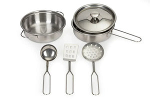 Kinder-Kochgeschirr-Set aus Metall mit Topf, Pfanne, Deckel, Schöpfkelle, Pfannenwender und Schaumlöffel