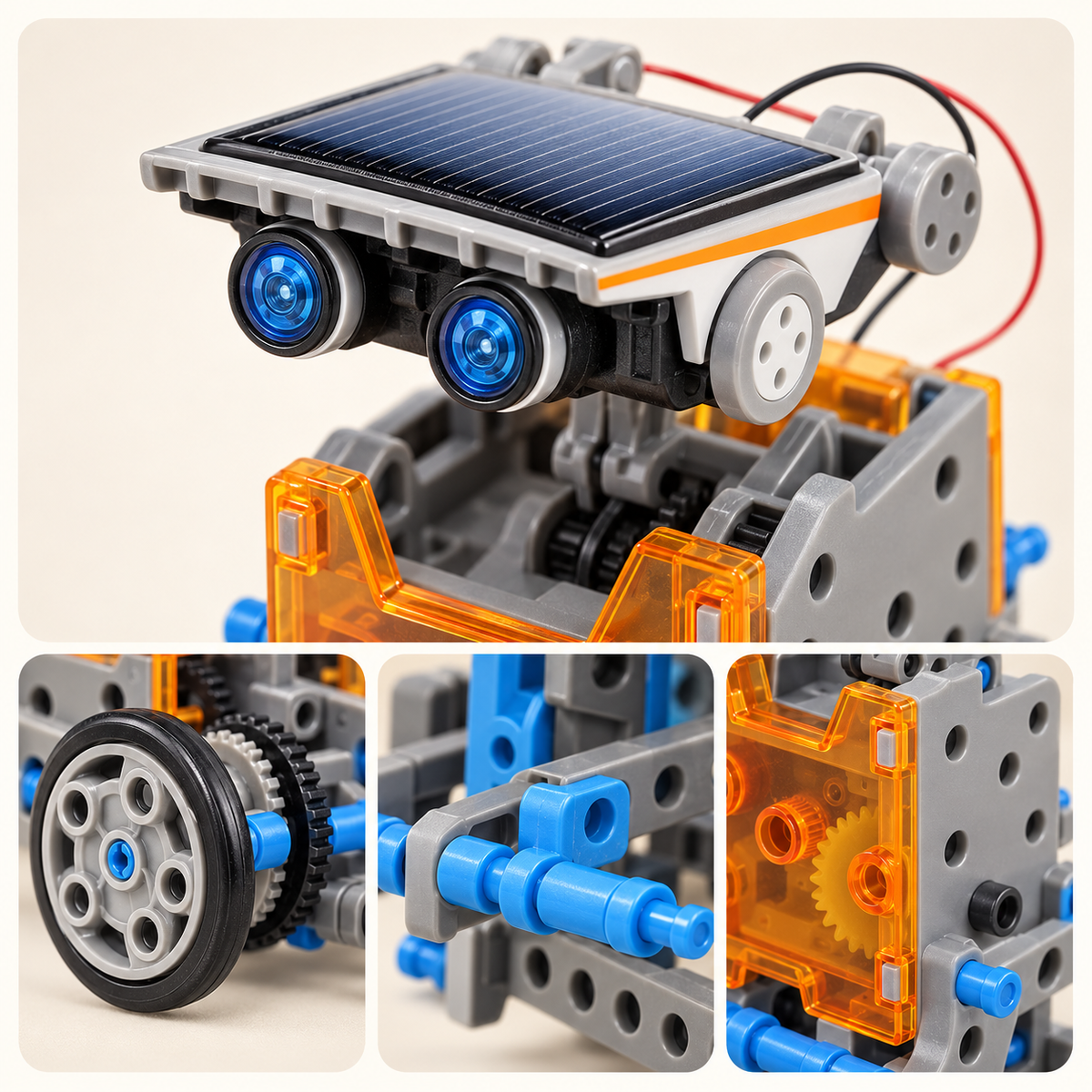 Assembled solar-powered robot with wheels, gears and solar panel from 12-in-1 STEM kit