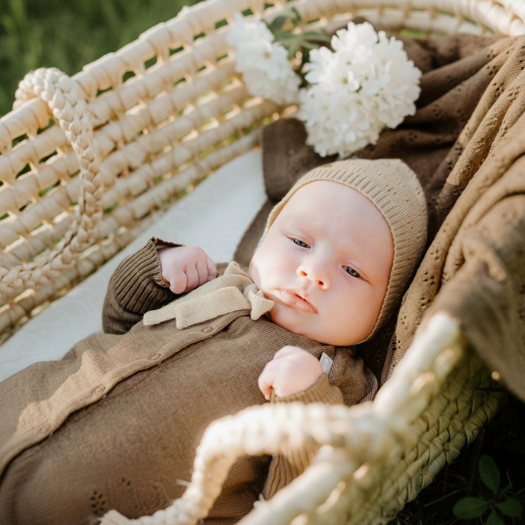 baby in brown knitted romper and bonnet lying in woven basket with white flowers