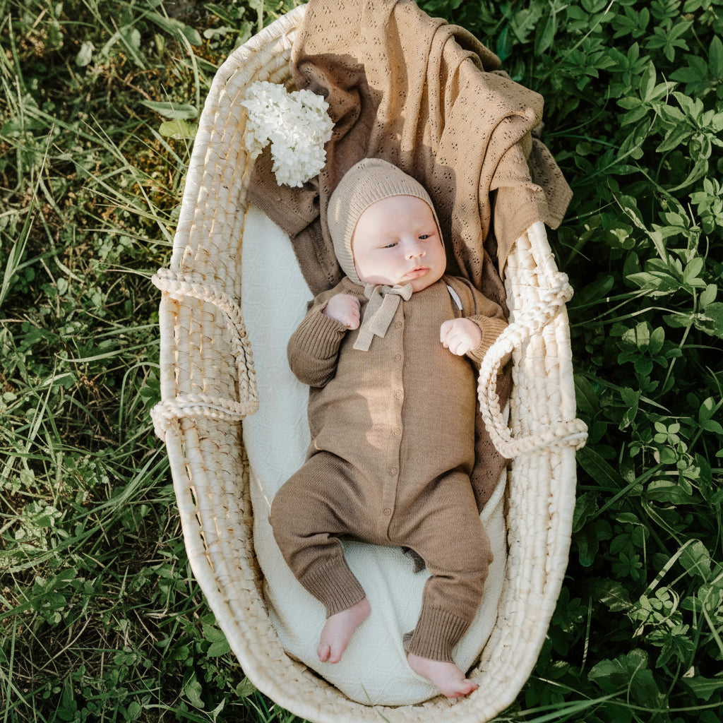 Bébé dans un couffin en osier portant des tricots marron et un bonnet sur fond d'herbe