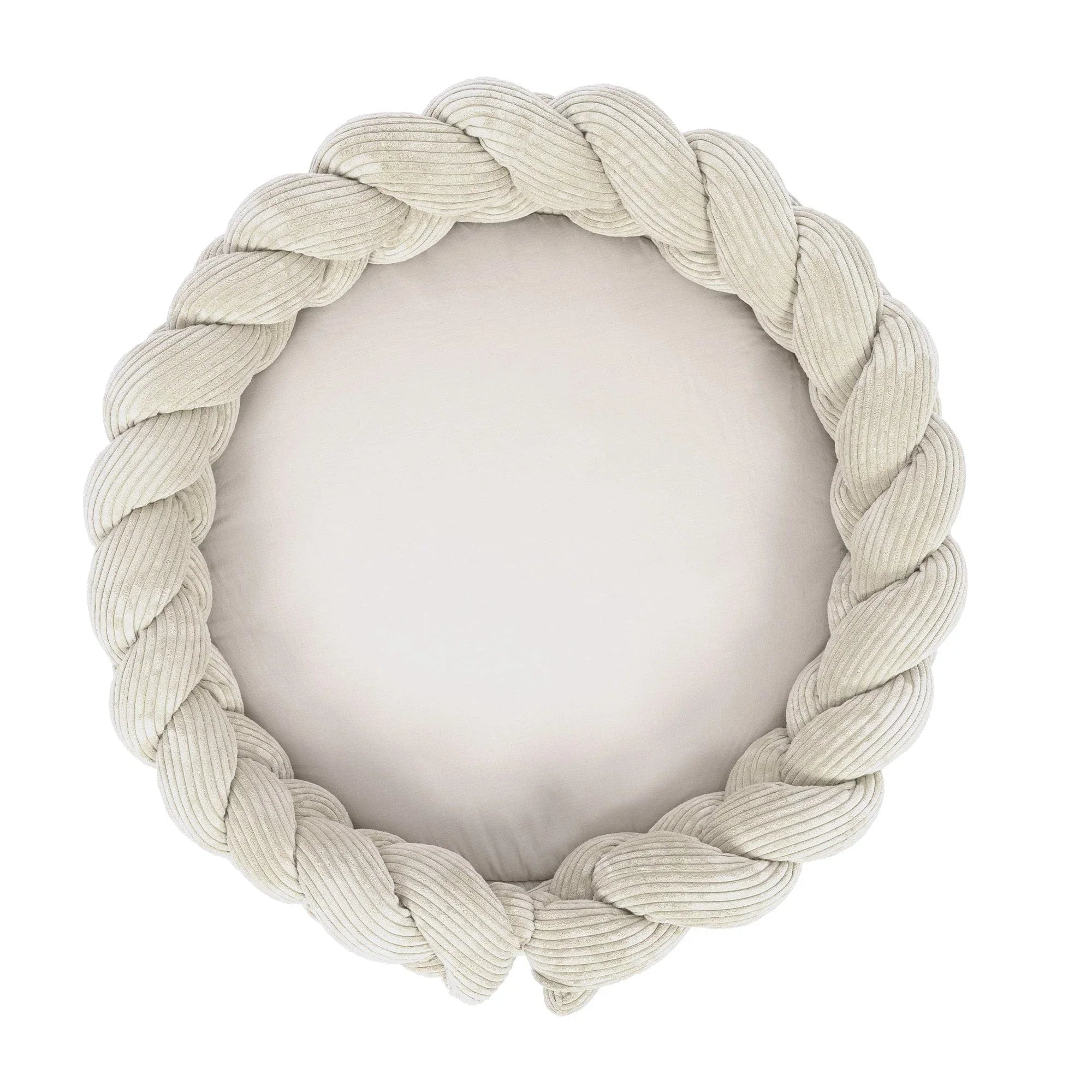 Runde Baby-Spielmatte mit geflochtener Ecrù-Bettumrandung, weiches Strukturmaterial
