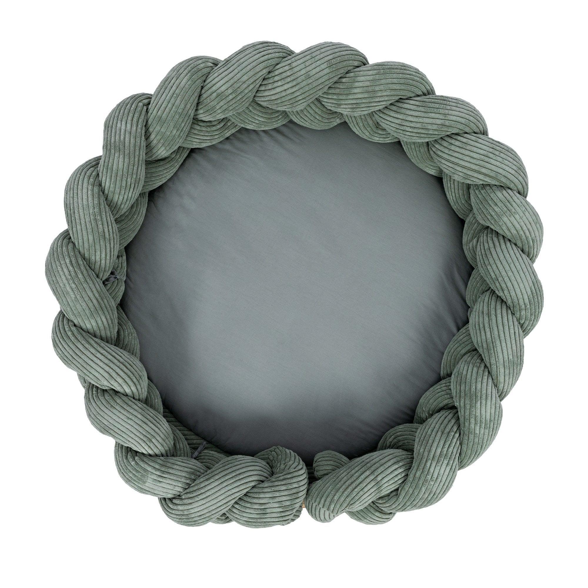 Tapis d'éveil rond vert olive avec tour de lit tressé et tissu côtelé doux