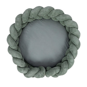 Tapis d'éveil rond vert olive avec tour de lit tressé et tissu côtelé doux