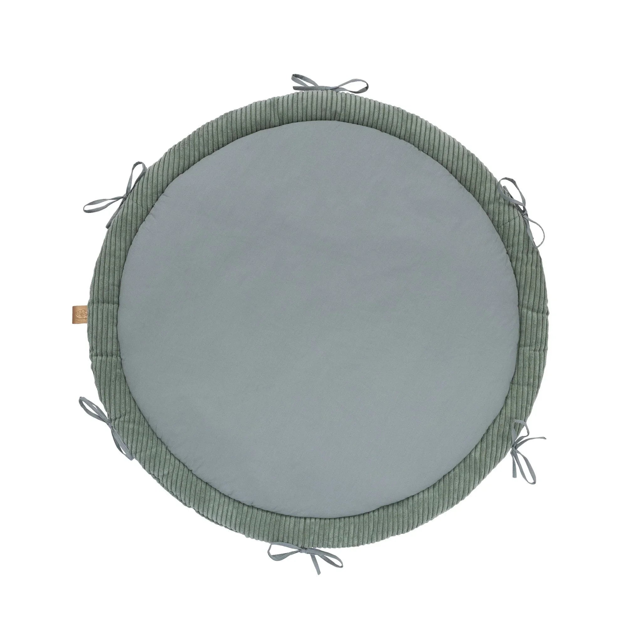 Tapis d'éveil rond vert olive avec tour de lit matelassé et liens à nouer