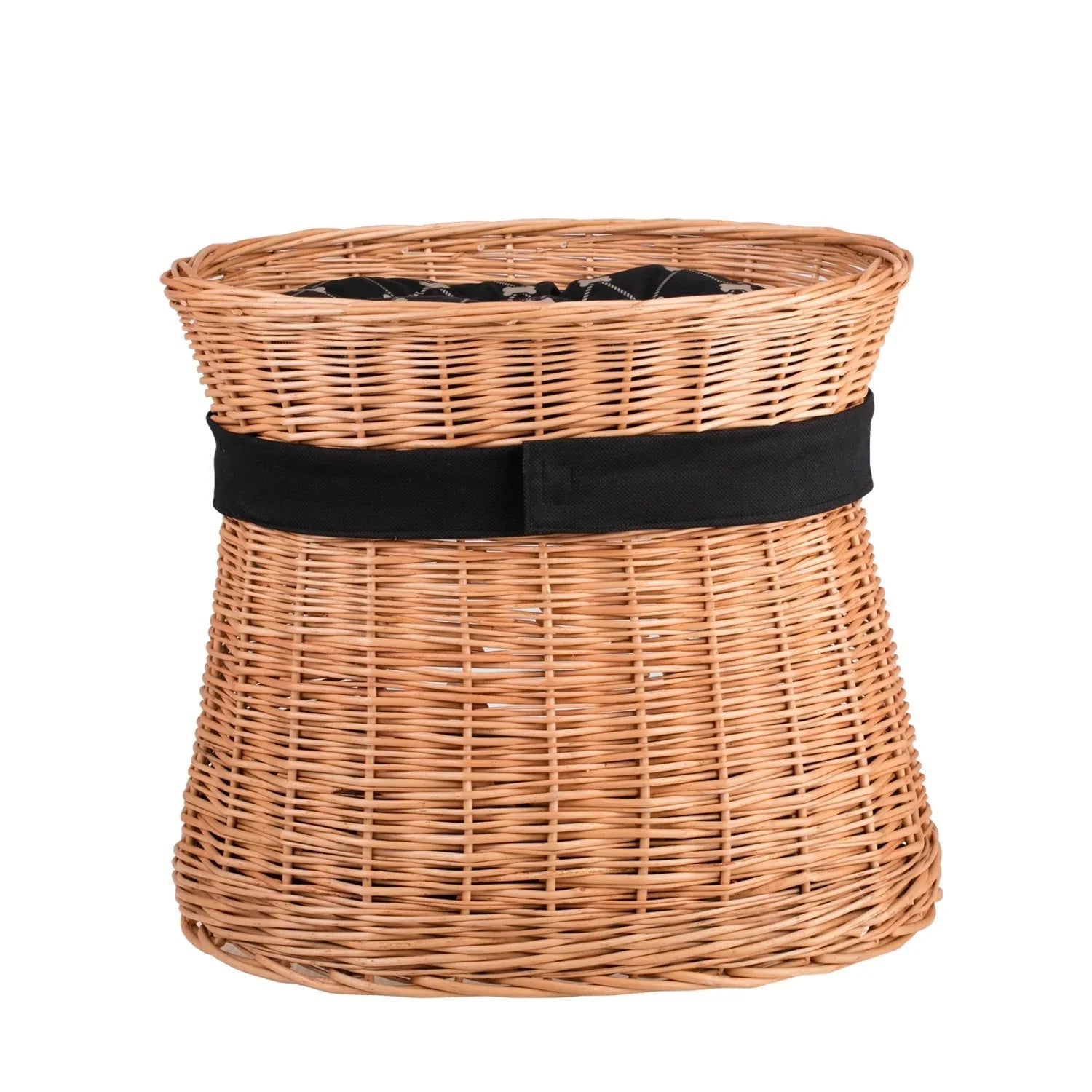 Rückansicht eines zweistöckigen Weiden-Katzenhauses mit schwarzem Stoffband und gemütlichem Kissen, designt als natürliche Haustiermöbel für stilvolle Interieurs.