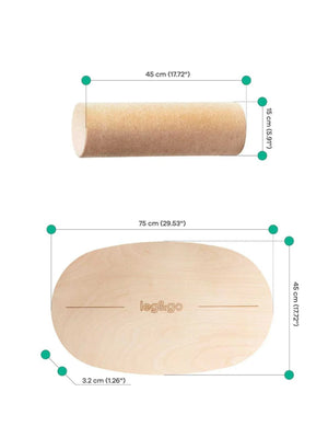 Tabla de equilibrio de madera con rodillo de ejercicio, acabado natural, dimensiones del producto etiquetadas