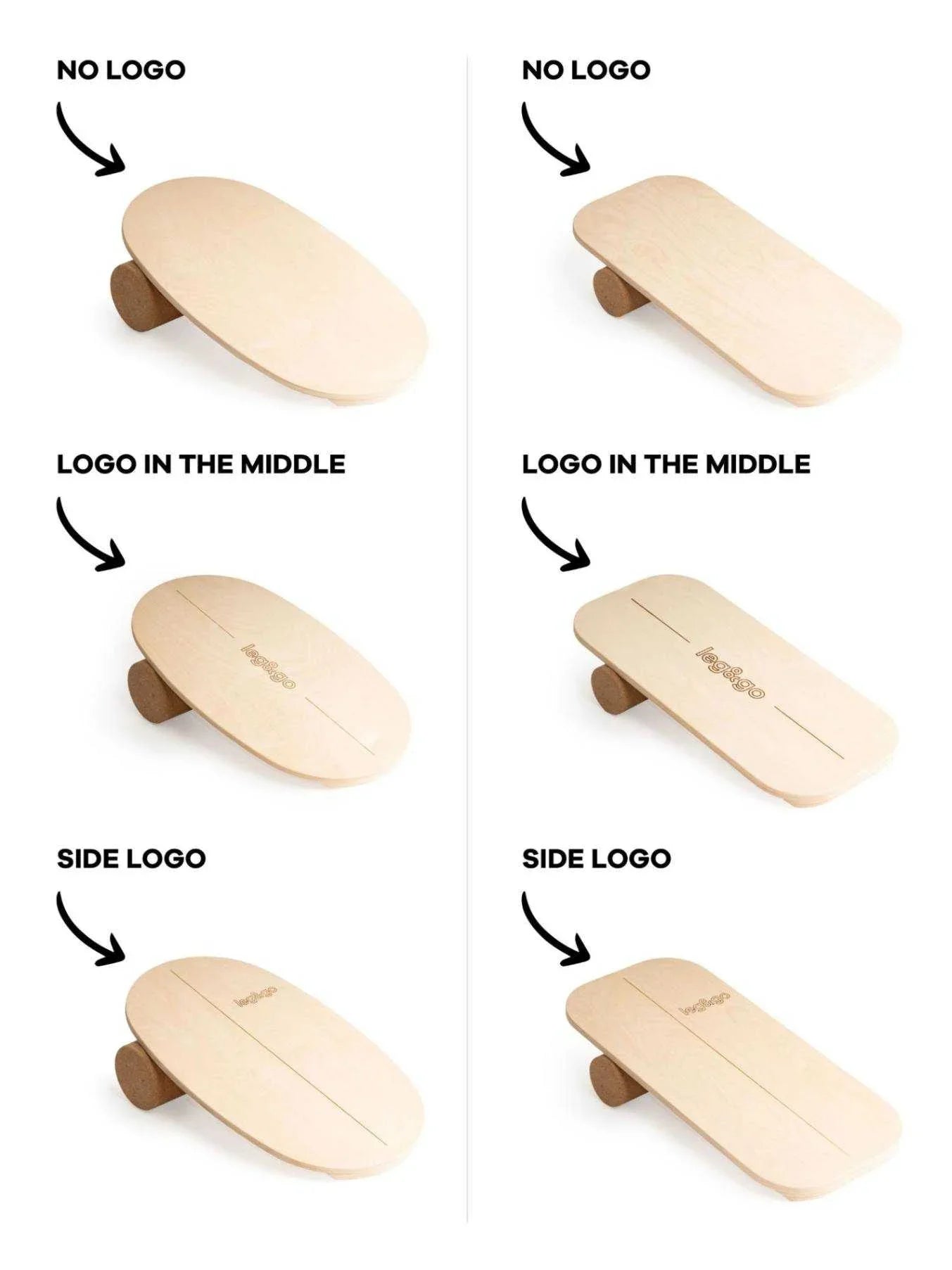 Tablas de equilibrio de madera natural con formas redondas y rectangulares, rodillos de corcho, varias posiciones de logotipo