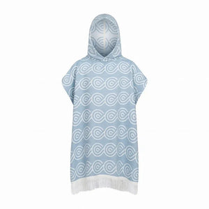 blue bamboo kids bath poncho with hood, white geometric pattern, and fringed hem