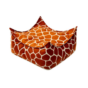 square kids bean bag with giraffe print fabric on white background