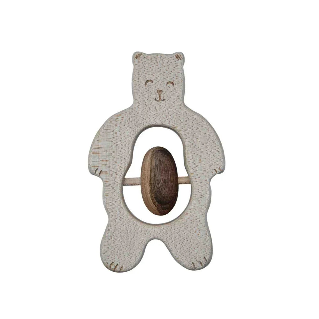 Sonajero de madera con forma de oso, acabado natural texturizado y cuenta central rodante, diseñado para el juego sensorial y el desarrollo temprano del bebé.