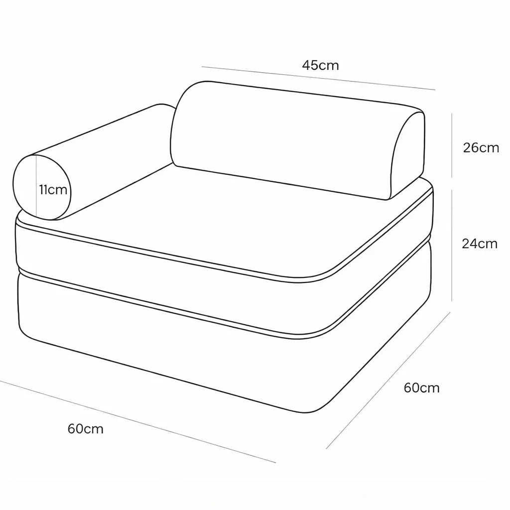 Guía de dimensiones de sillón modular: base de 60x60 cm, respaldo de 45 cm, apoyabrazos de 11 cm