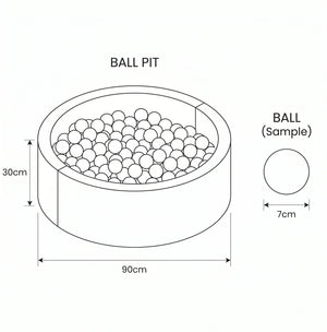 Guide des dimensions pour la piscine à balles ronde bees&blooms, diamètre total 90 cm et hauteur de paroi 30 cm, avec une balle échantillon de 7 cm de diamètre.