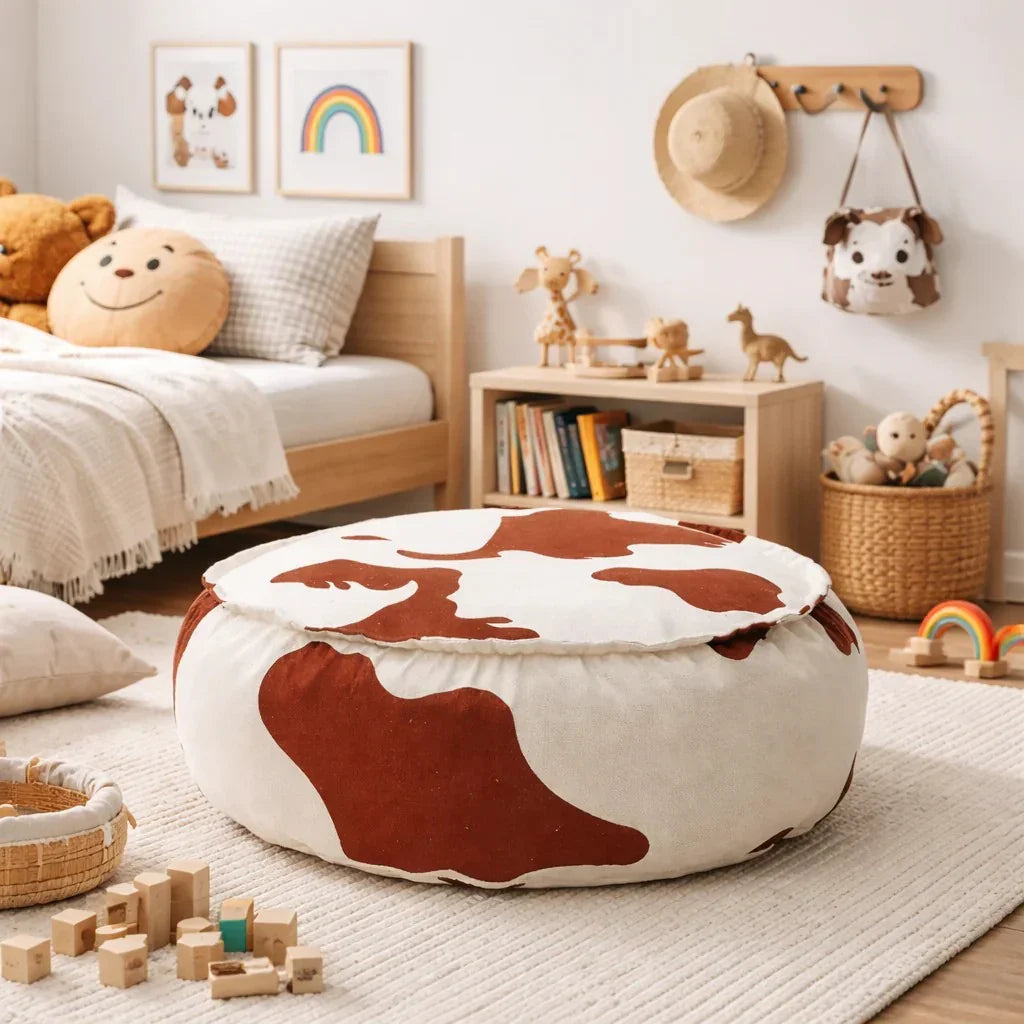 Pouf rond à motif vache dans une chambre d'enfant douillette avec meubles en bois et peluches