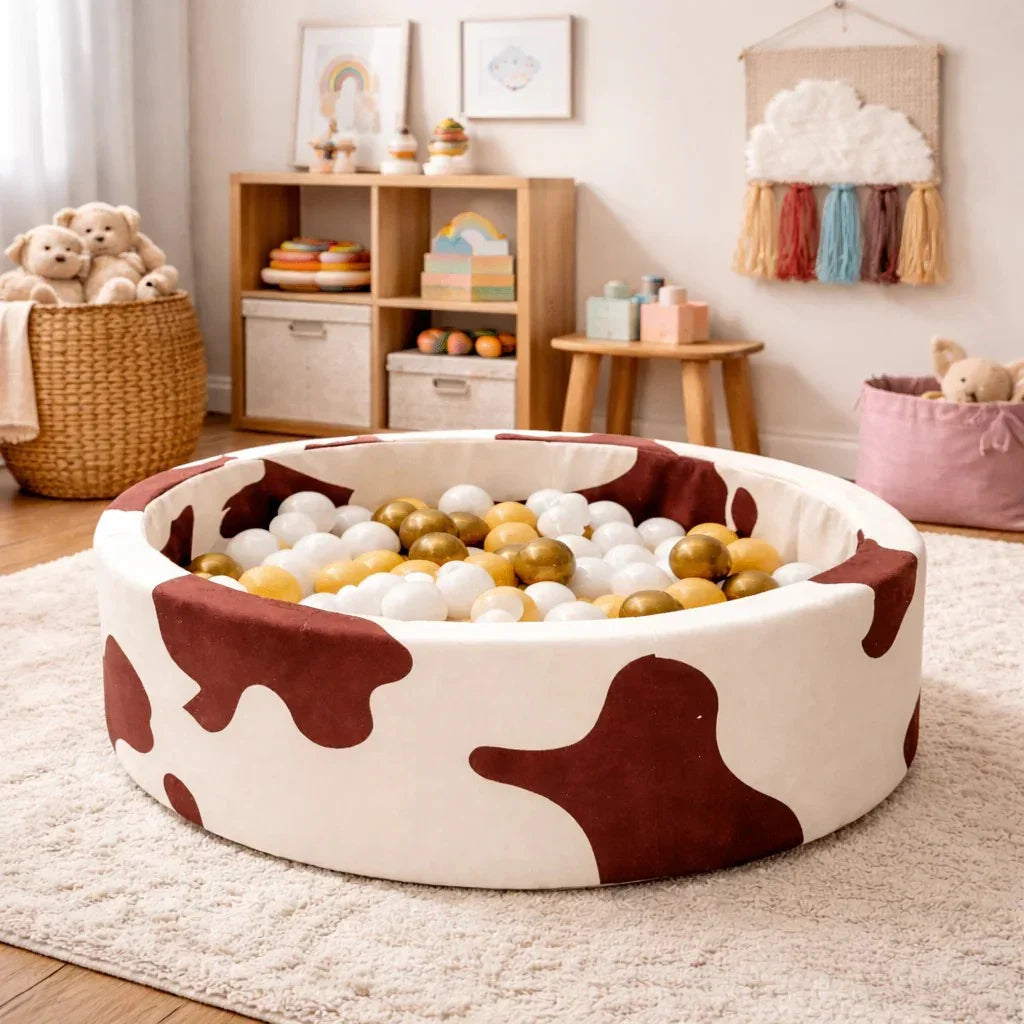 Piscine à balles ronde en mousse avec motif vache marron et crème, balles dorées et blanches dans une chambre d'enfant