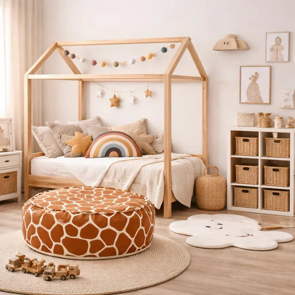 Pouf rond à motif girafe dans une chambre d'enfant douillette avec déco bois et tons neutres doux