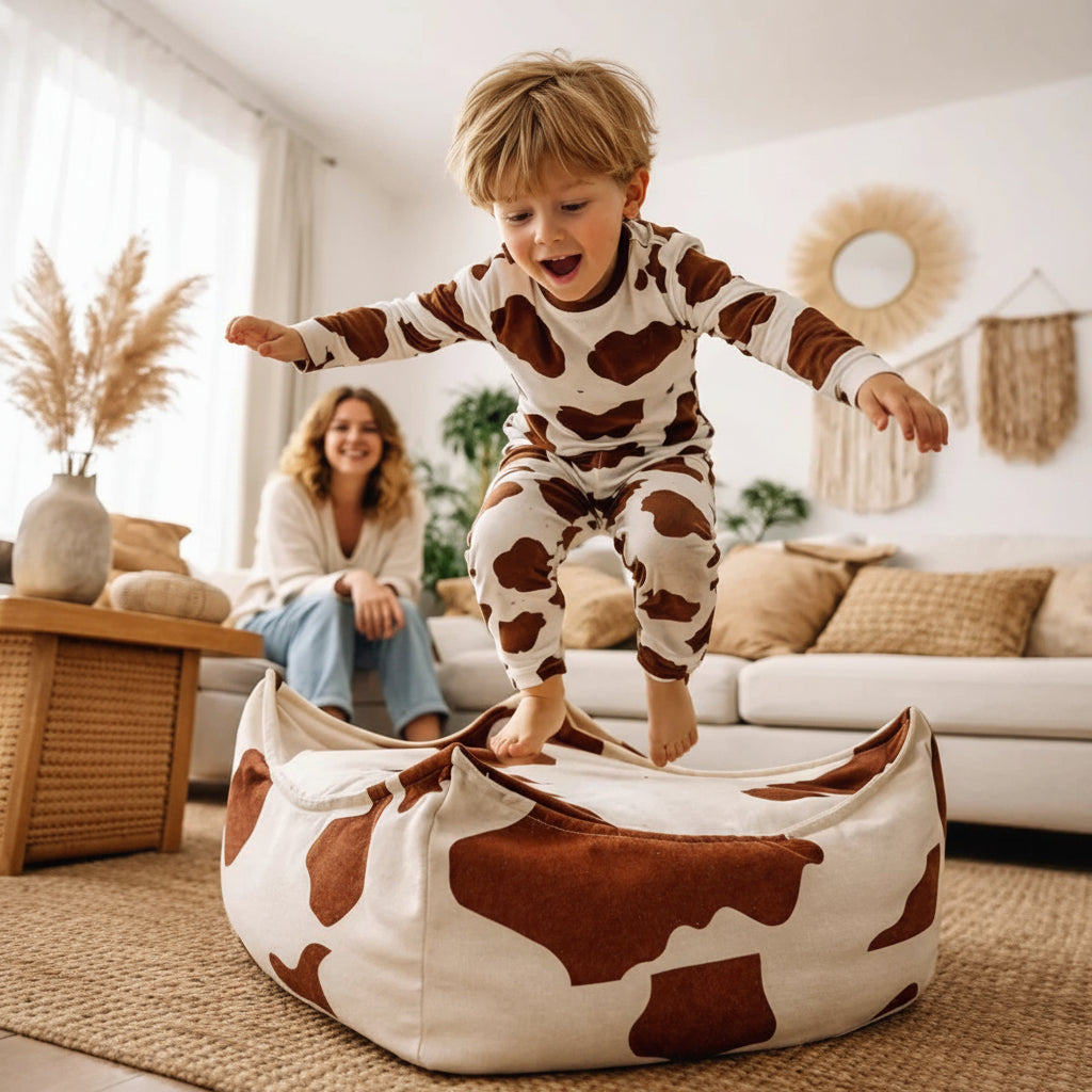 Enfant sautant sur un pouf carré à motif vache dans un salon douillet à la déco naturelle