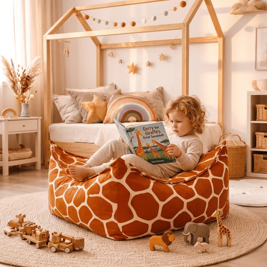 Lifestyle photograph of a young child sitting comfortably inside the bees&blooms square giraffe print bean bag, reading a picture book. The inviting playroom setting features a textured round rug, wooden animal toys, and a wooden house-frame bed in the background.