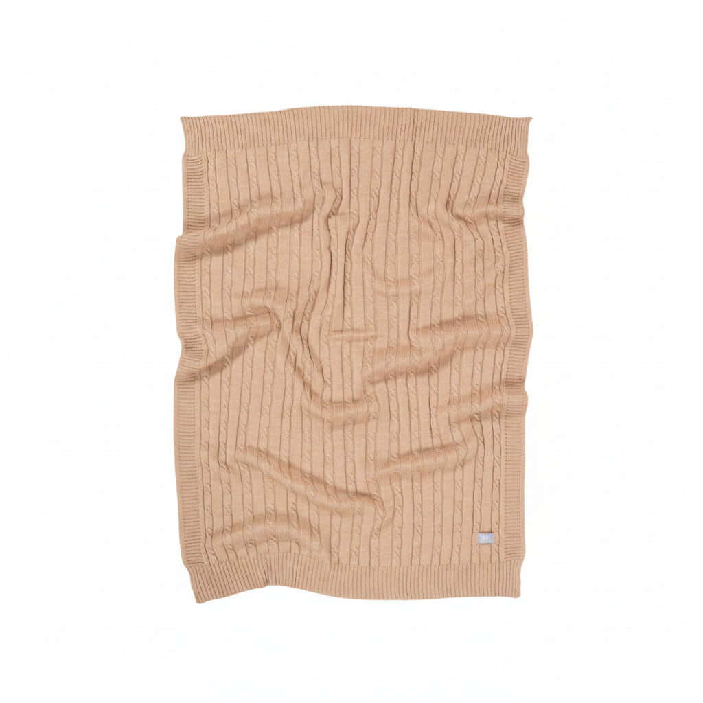 Couverture bébé en tricot torsadé beige avec bords côtelés, literie texturée douce