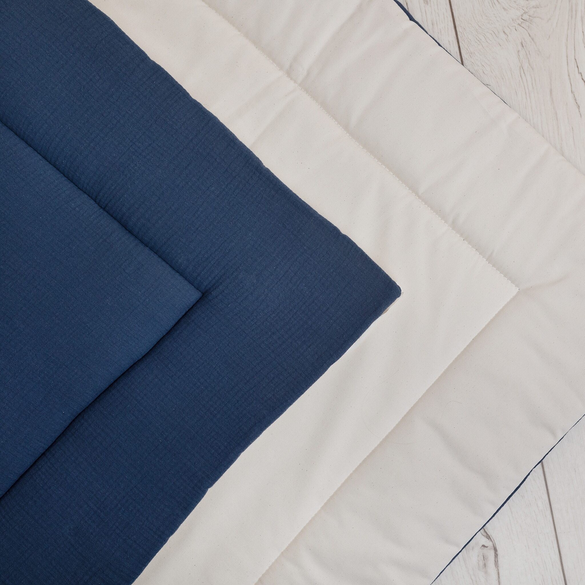 Close-up of the navy and beige padded floor mat included with the teepee tent