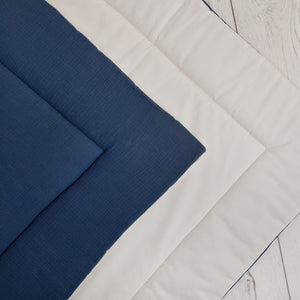 Close-up of the navy and beige padded floor mat included with the teepee tent