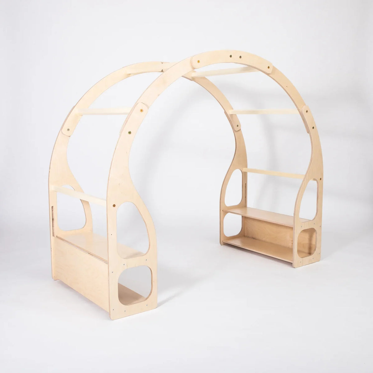 Empty birch plywood Montessori Play Stand with two shelving units and large curved wooden frame