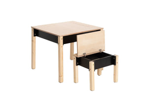Black Smart Storage Table closed with hidden chair storage compartment open