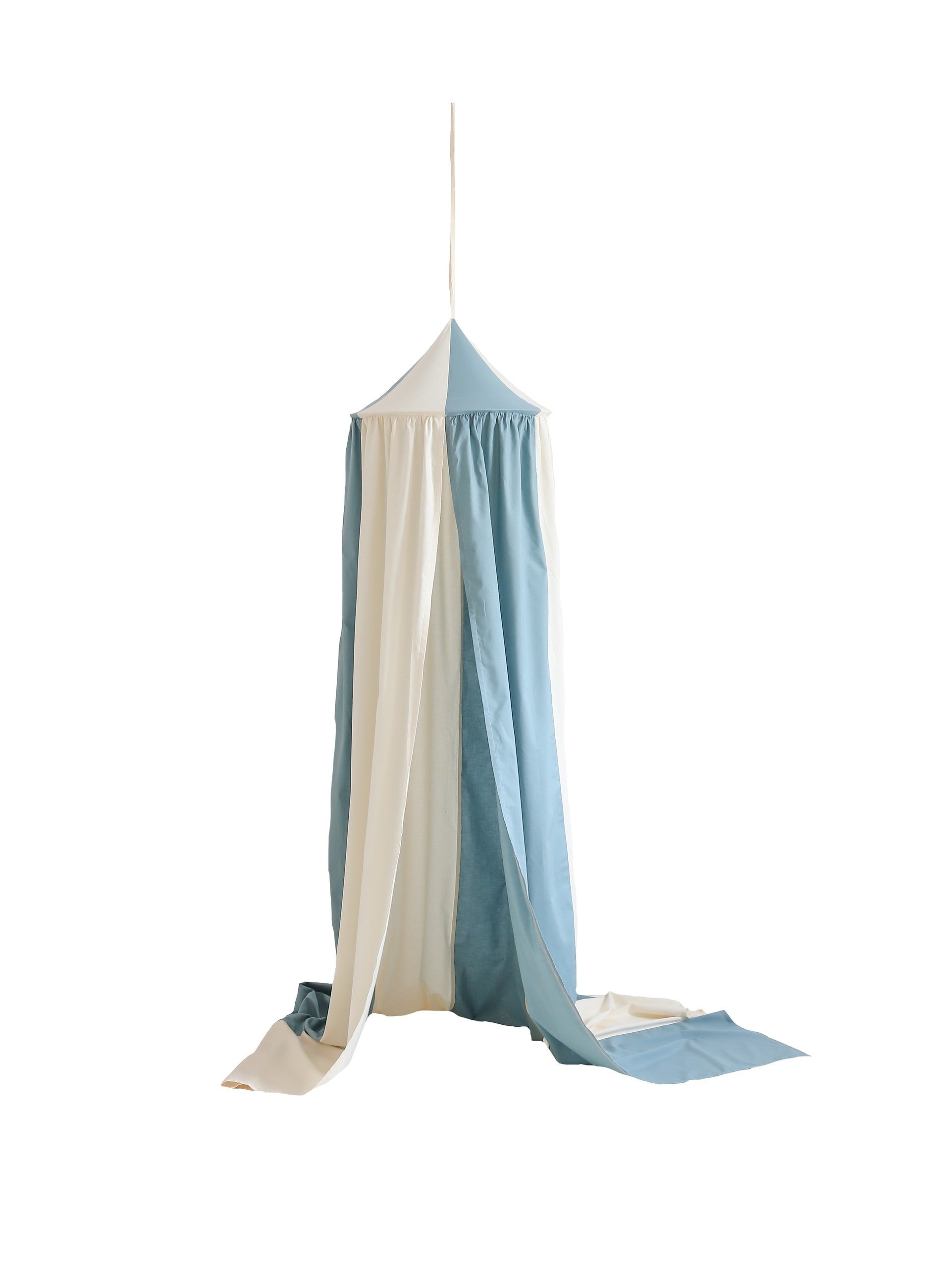 Full-length blue and cream Moi Mili Blue Circus canopy on a white background
