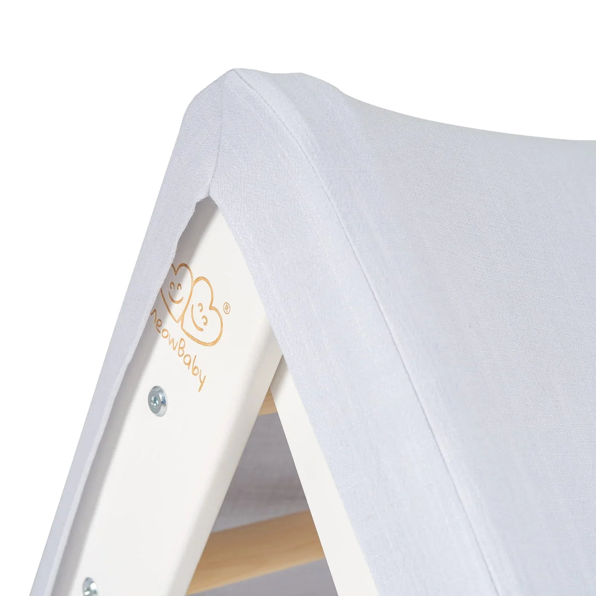 Close-up of blue-grey textile cover on MeowBaby White Ladder House