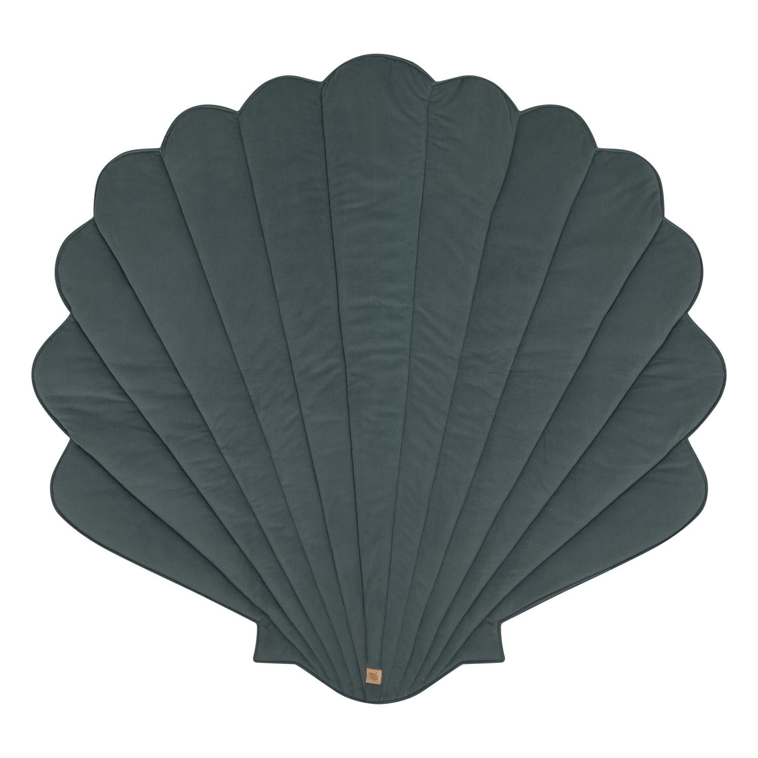 Front product view of the muted blue-grey Moi Mili shell-shaped playmat on a white background