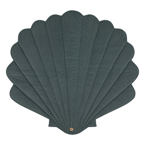 Front product view of the muted blue-grey Moi Mili shell-shaped playmat on a white background