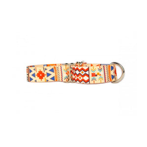 Cream dog collar with orange blue geometric pattern and metal hardware