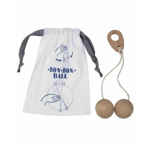 Wooden Story Bon Bon Ball with natural cotton storage bag and wooden clacker toy