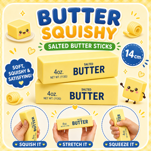 A promotional graphic for 'Butter Squishy' salted butter sticks, showing two yellow butter sticks with cartoon faces, text badges, and three circular inset photos of hands squishing, stretching, and squeezing the butter sticks.