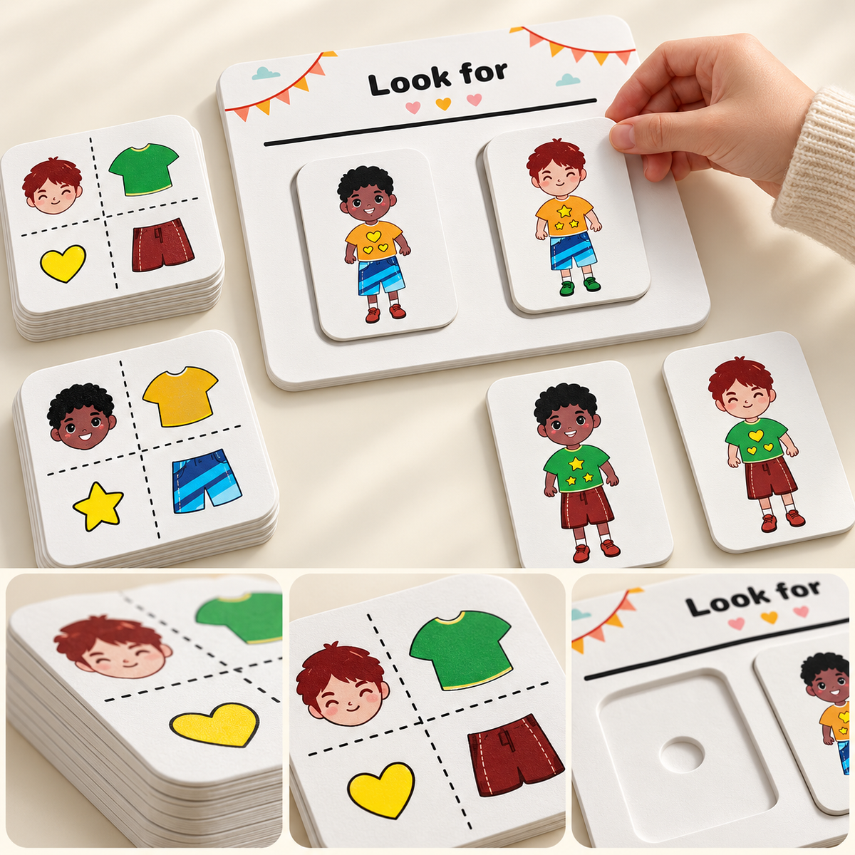 Character matching game showing clue cards with hair, shirt, symbol and shorts details beside illustrated character cards
