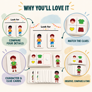Character association game infographic showing compare four details, match clues and find the correct illustrated character