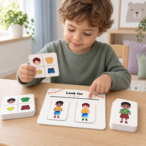 Child playing character association game by comparing illustrated clothing and symbol clue cards with matching character cards