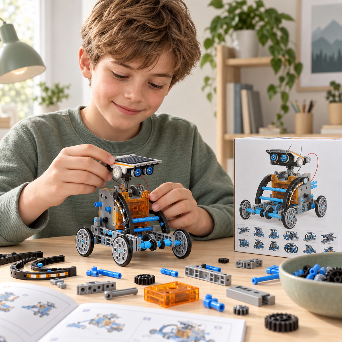 Child assembling 12-in-1 solar robot STEM construction kit at a wooden desk