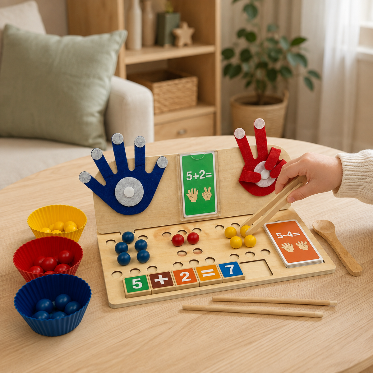 Child using wooden tongs to count yellow beads on early maths activity board with felt finger counters