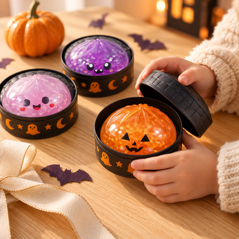 Child opening a Halloween Dumpling Squishy box with pumpkin, ghost and monster characters