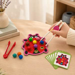 Child using white pincer tool to place coloured balls on wooden ladybug pattern matching board