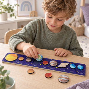 Child placing Earth into wooden Solar System puzzle with labelled Sun and eight planets