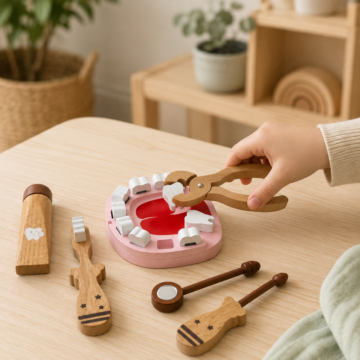 Child using wooden tooth extractor with removable teeth from a pretend dentist role play set