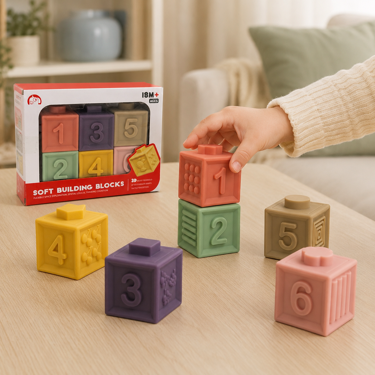 Child stacking pastel silicone number blocks 1 to 6 during sensory building play